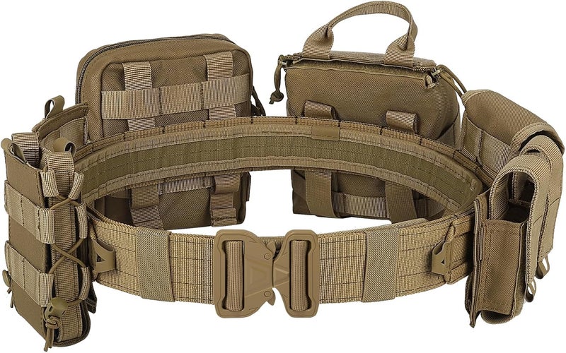 PIKEON Tactical Belt Battle Law Enforcement Molle Airsoft Duty Belt Quick-Release with Pouches 8 in 1 (Tan) - Image 1